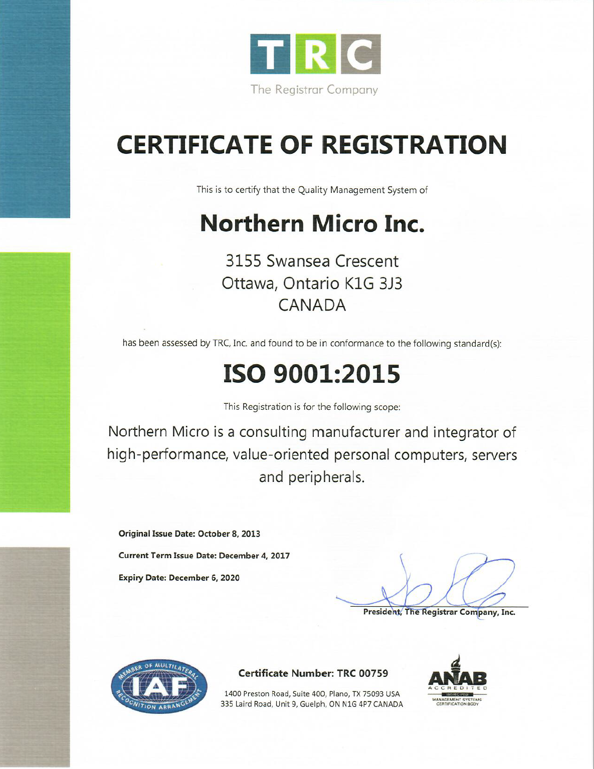 TRC ISO 9001 Certificate 2018